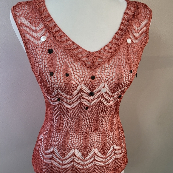 BETTE PAIGE Bronze Crochet Open Weave Crop Sleeveless Sweater Xs/S - Picture 4 of 10